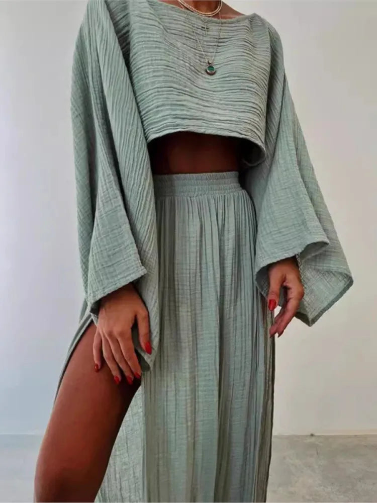 Casual Cotton Linen Blend Two Piece Skirt Set for Women