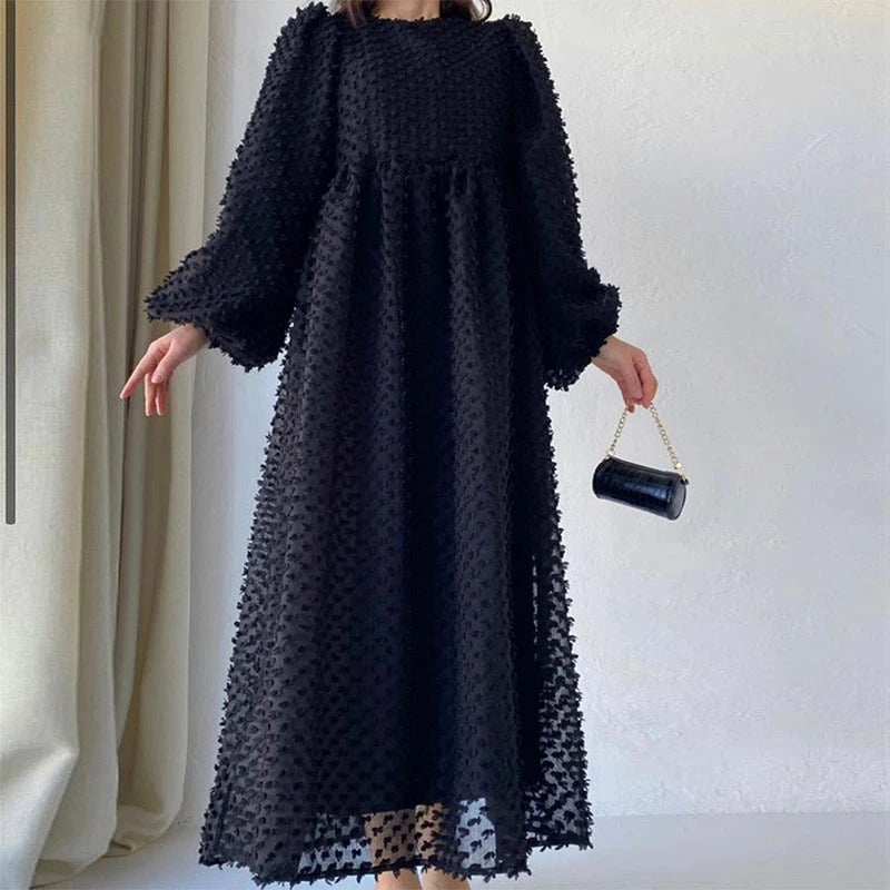 Pleated Lantern Sleeve Ankle Length Dress for Women