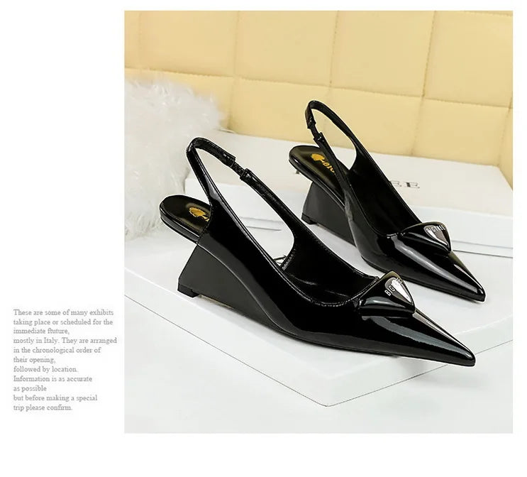 Patent Leather Wedge Heel Pumps With Back Strap for Women