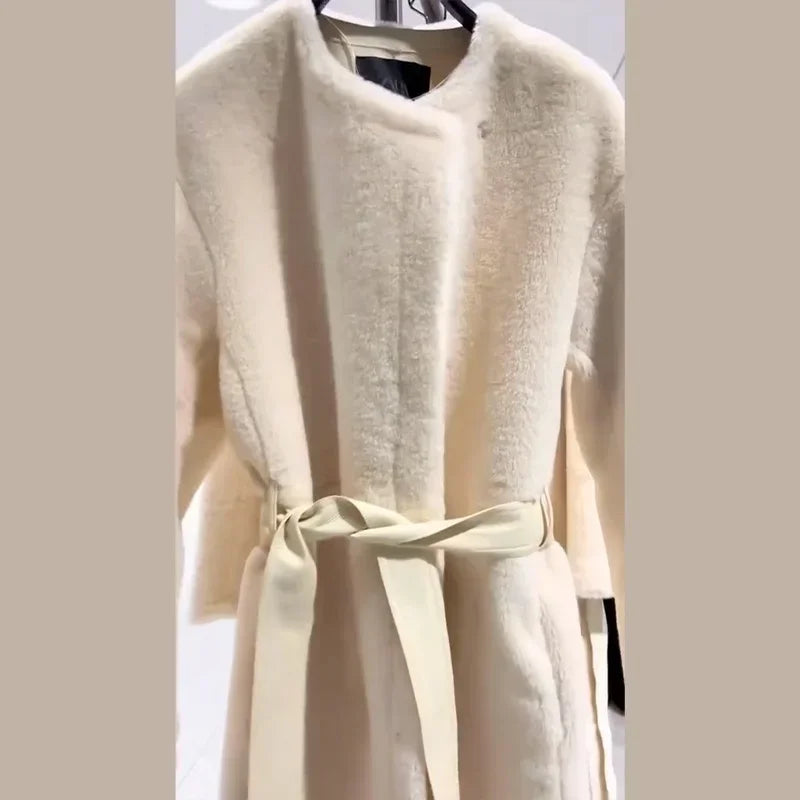 Lace Up Elegant White Faux Fur Long Coat for Women