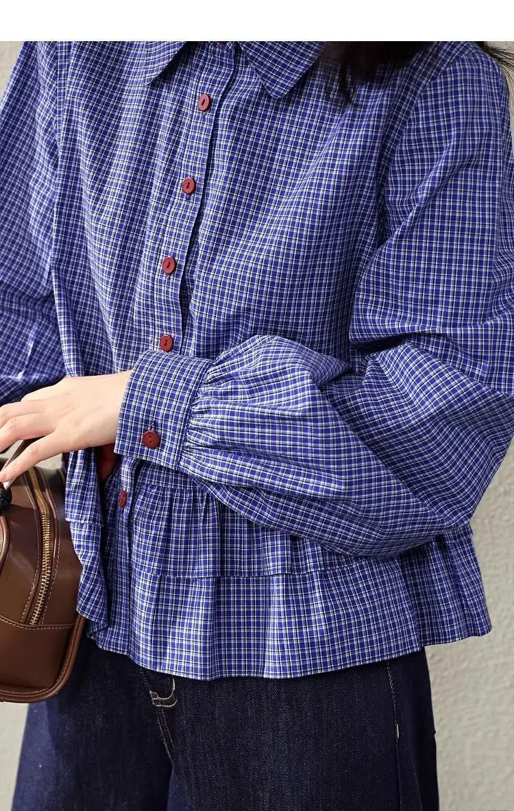 Blue Checkered Ruffle Trim Blouse With Turn Down Collar for Women