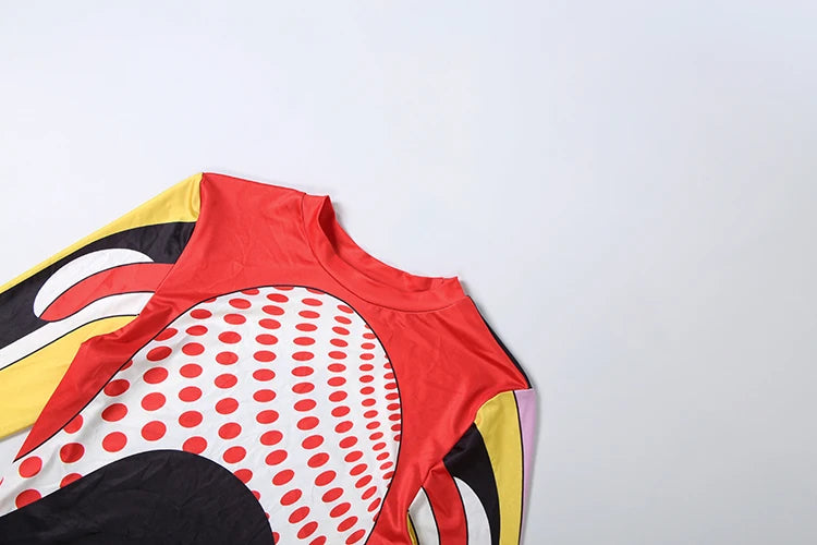 Colorful Patchwork Print O Neck Tee and Polka Dot Shorts Two Piece Set for Women