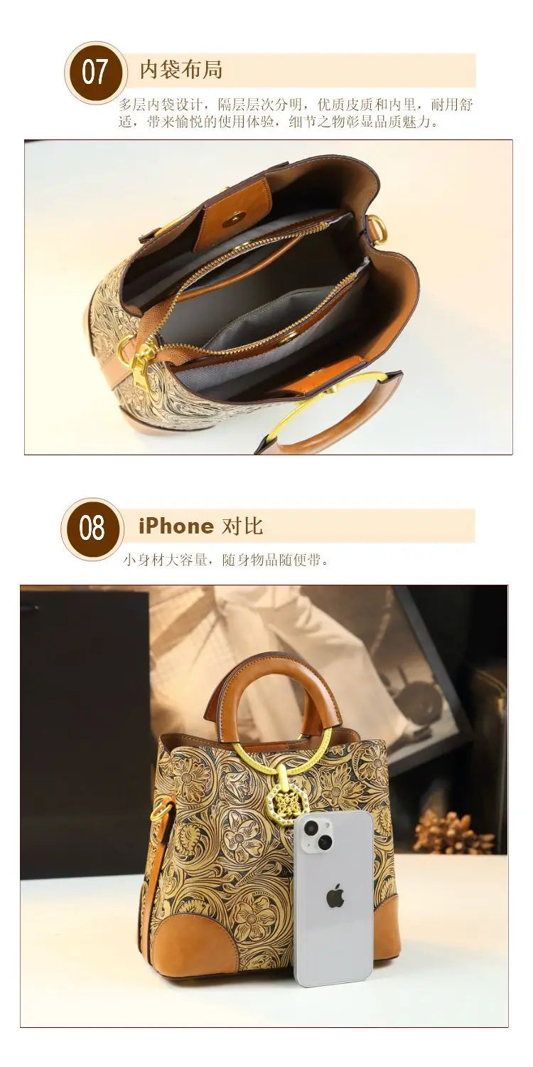 Retro Cowhine Carved Women Bag Handhold Bucket Leather Commuting Shoulder Underarm Crossbody Bags for Women