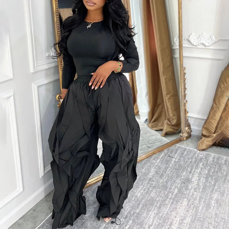 Casual With Long-Sleeve Top And Wave Details Two-Piece Sweat Set for Women
