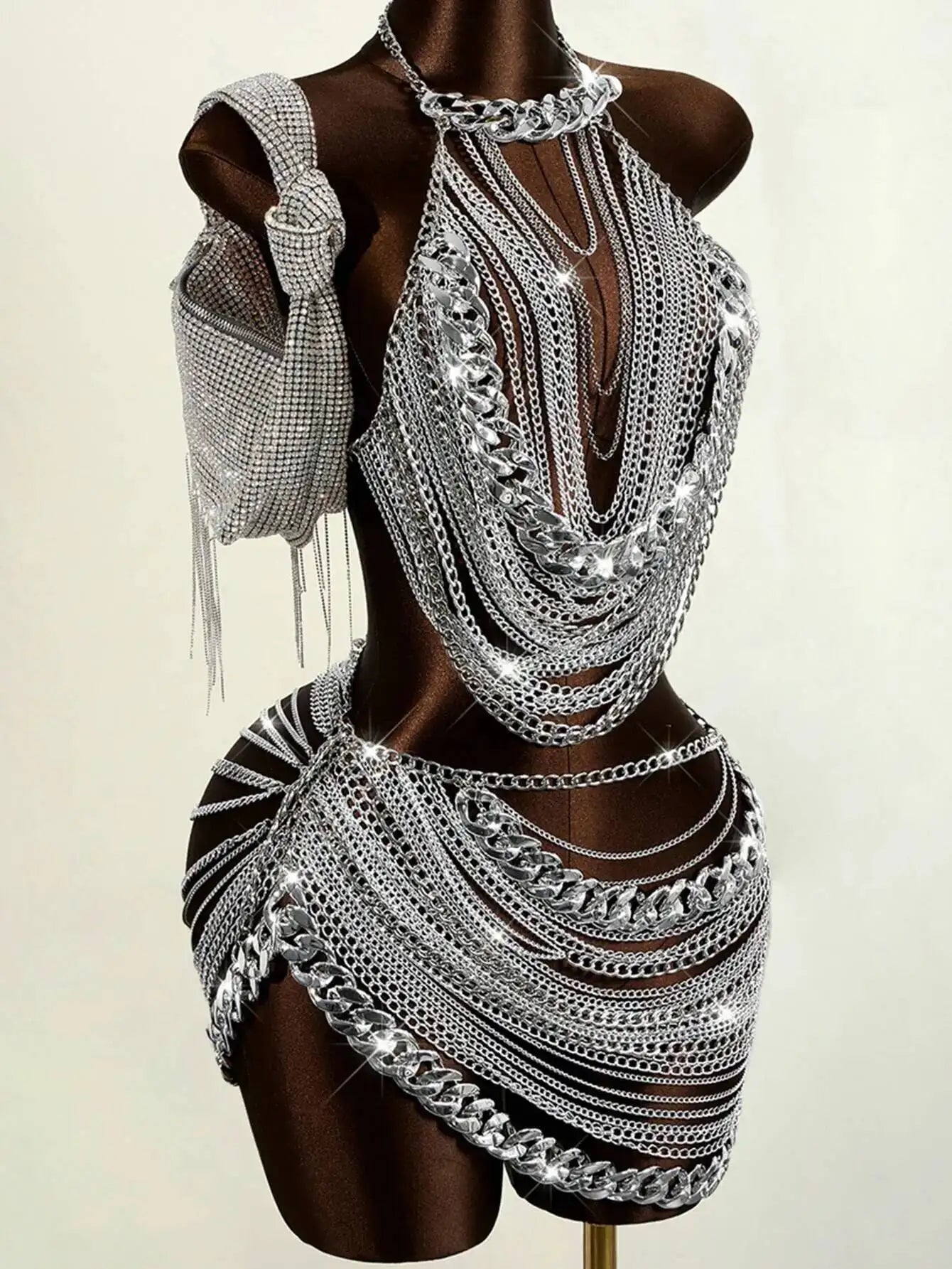 Sheer Metal Chain Backless Mini Dress Party Clubwear for Women