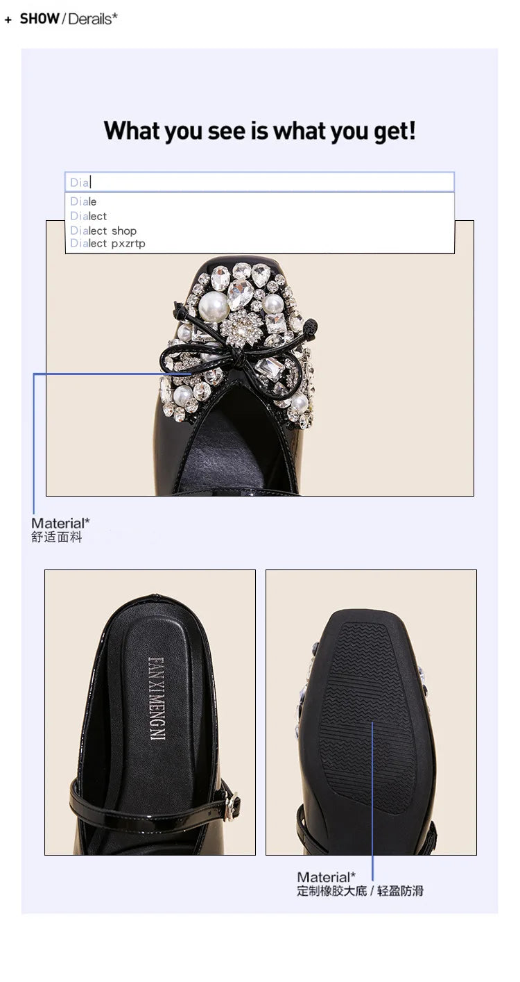 Pearl Bow Embellished Square Toe Flat Shoes For Women