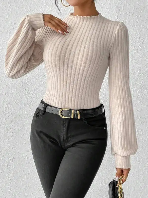 Long Sleeve Ribbed Knit Slim Fit Bodysuit for Women