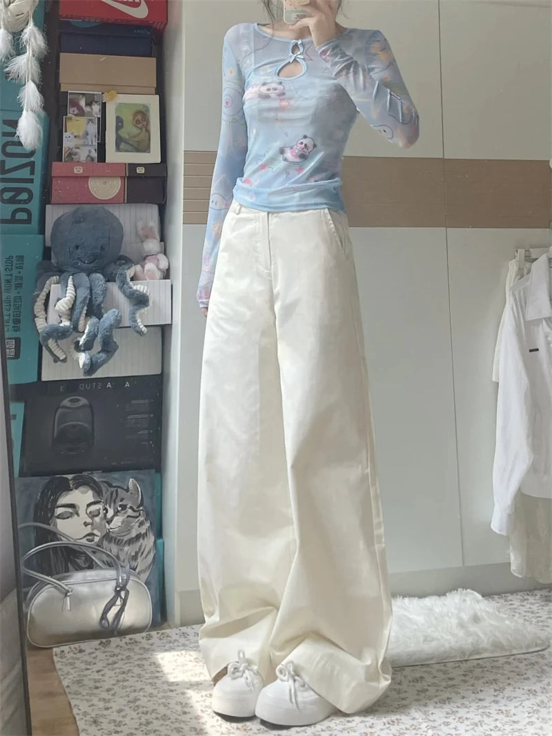 Women's Off White Pants Harajuku Streetwear Oversize Parachute Pants Y2k Retro 2000s Aesthetic Vintage Trousers Fashion Clothes