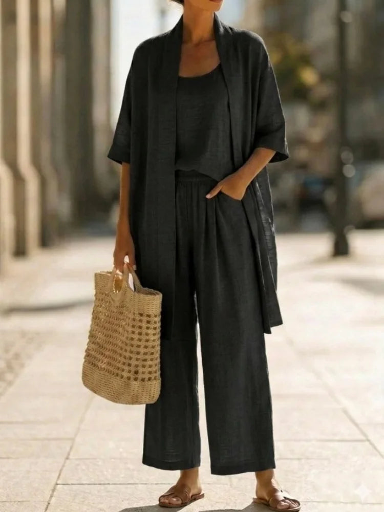 Casual Solid Cotton Linen Wide Leg Three Piece Set for Women