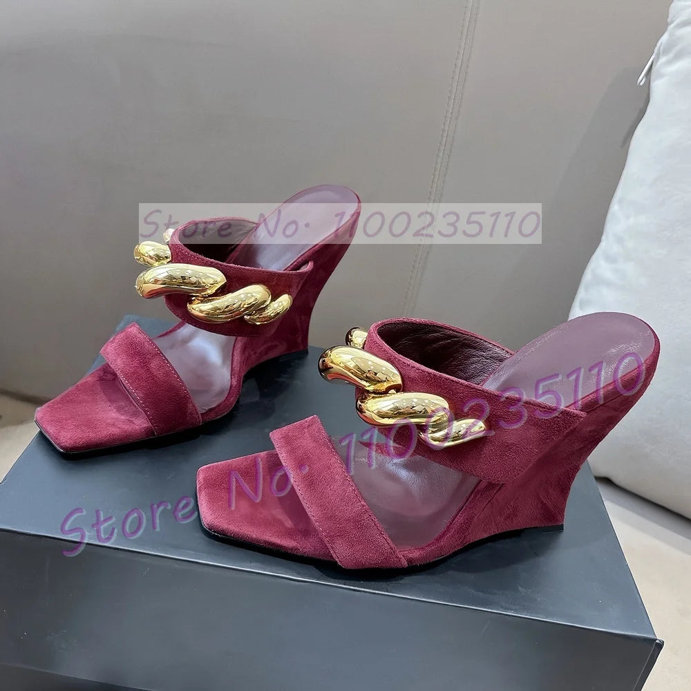 Gold Wave Metal Kid Suede Wedge Mules Women Luxury Square Open Toe Mules Front Strap Party Shallow Real Leather Beige Shoes