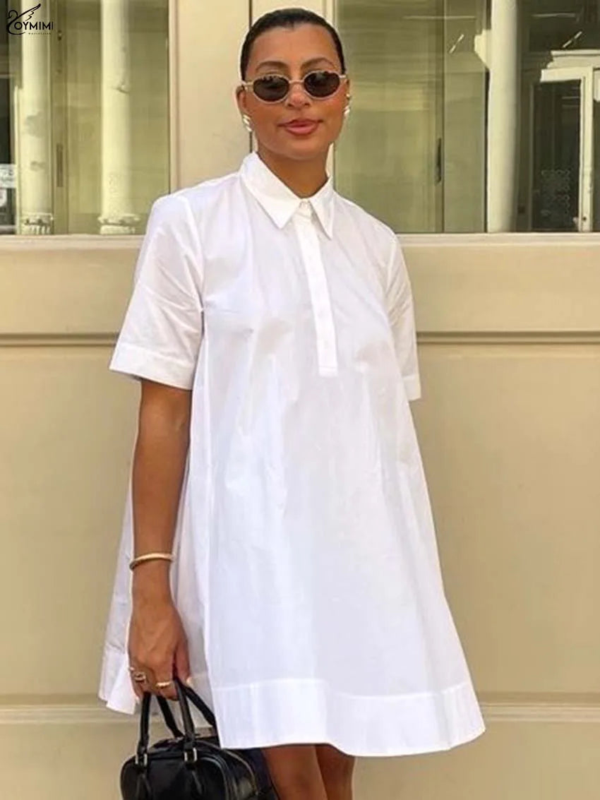 Oymimi Elegant White Cotton Dresses 2025 Woman Fashion Turn-Down Collar Half Sleeve Button Dress Casual Loose Mini Dress Female