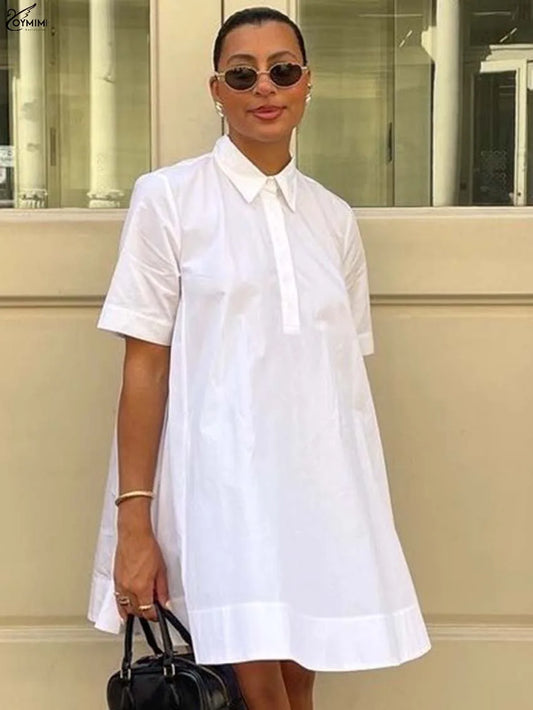 Oymimi Elegant White Cotton Dresses 2025 Woman Fashion Turn-Down Collar Half Sleeve Button Dress Casual Loose Mini Dress Female