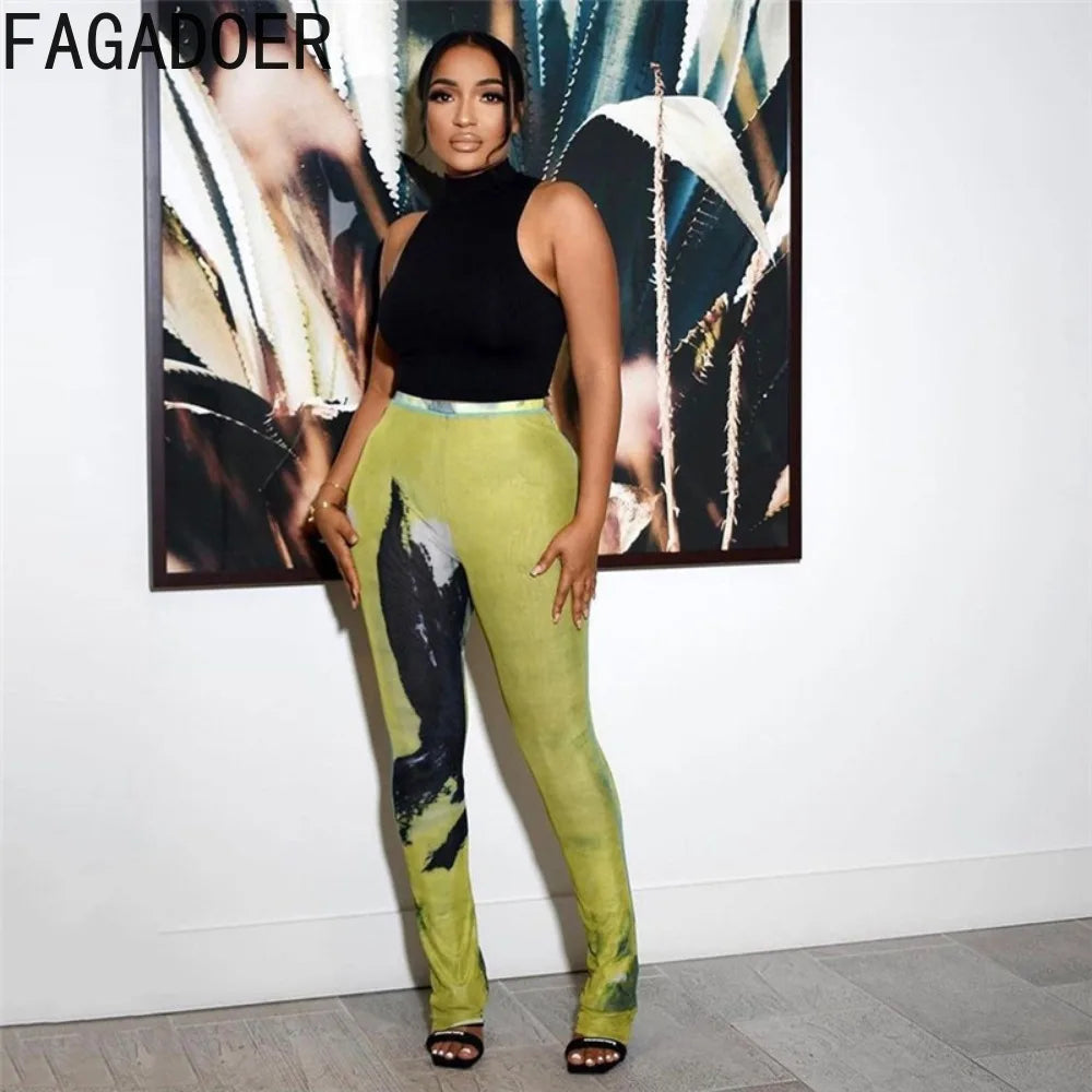 FAGADOER Y2k Sexy Tie Dye Printting Woman 2 Piece Set Outfit Halter Bandage Patchwork Crop Top and Flare Pants Female Streetwear