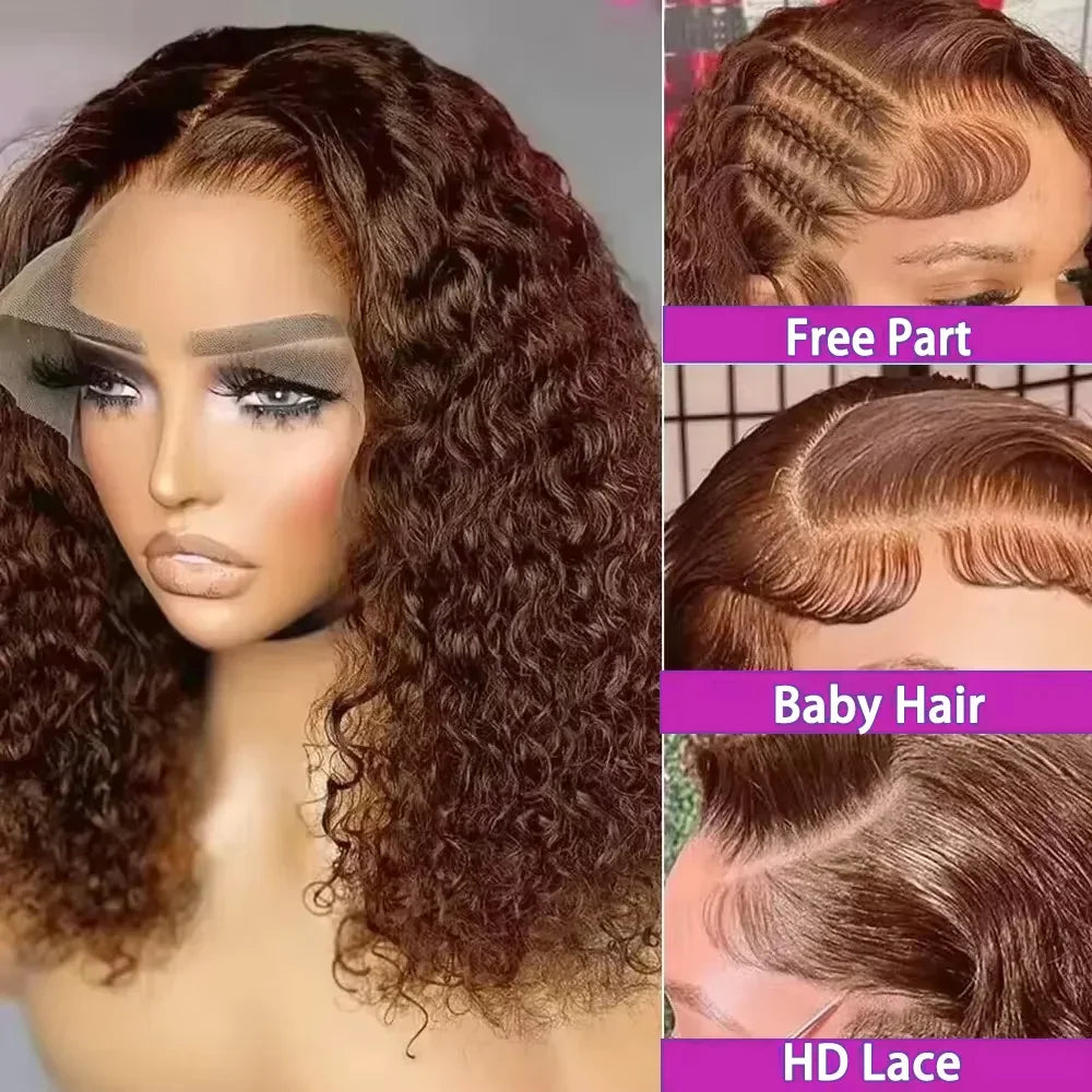 Brown kinky Curly Short Bob Wig 13x4 4x4 Bob Wigs Brazilian Water Deep Wave Human Hair Wig Preplucked For Woman Short Pixie