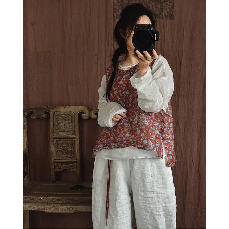 Casual Linen Tank Top With Vintage Floral Print for Women
