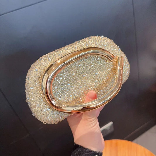 Stylish Golden Metal Handle Evening Clutch Bags for Women Elegant Luxury Shiny Diamond Studded Wedding Party Purse Shoulder Bags