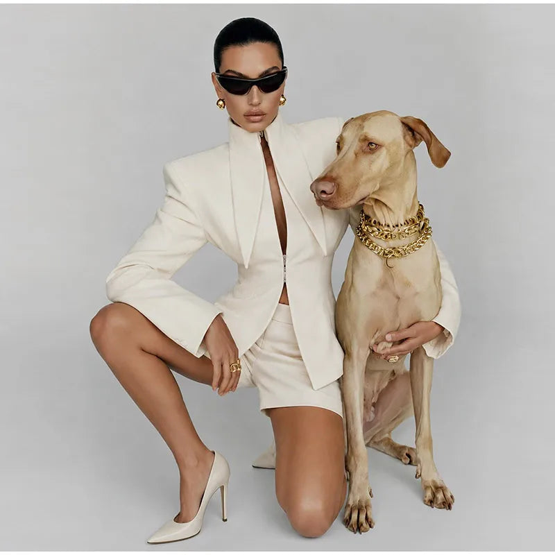Slim Fit Stand Collar Blazer and Shorts Set for Women