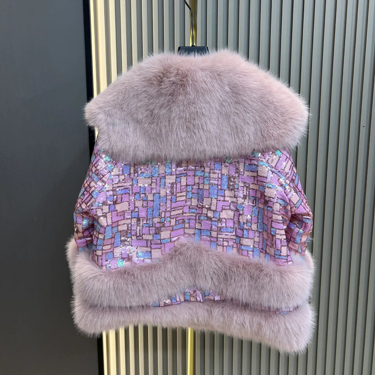Purple Sequined Faux Fur Coat