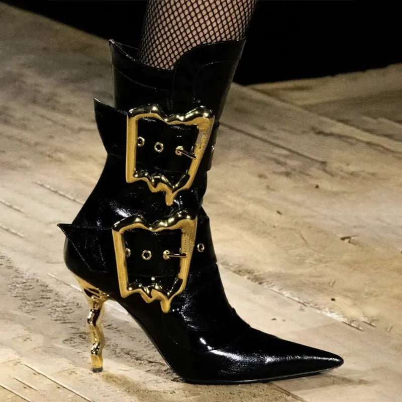 Shiny Metal Belt Buckle Side Zip Knee-High Boots for Women