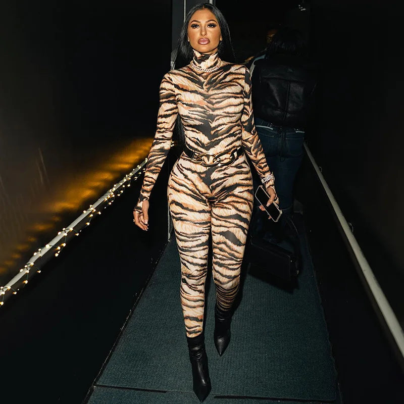 Tiger Print Patchwork Long Sleeve Bodycon Jumpsuit for Women