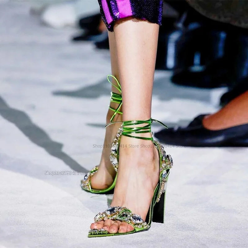 Green Open Toe Sandals With Back Strap And Crystal Detail For Women