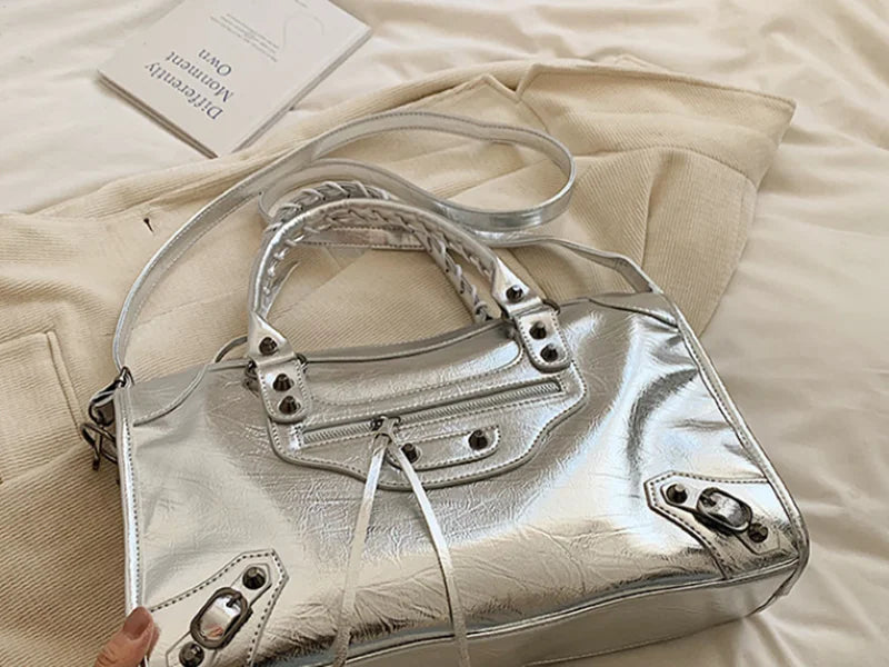 Rivet Embellished Faux Leather Tote Bag