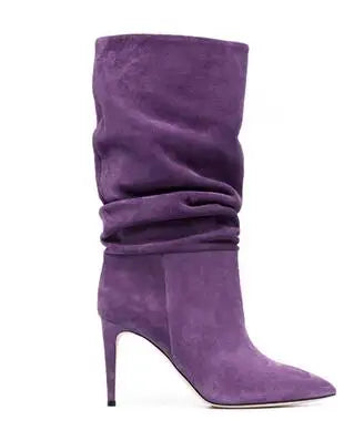 Slip On Pleated Suede Pointed Toe Thin Heel Mid Calf Boots for Women