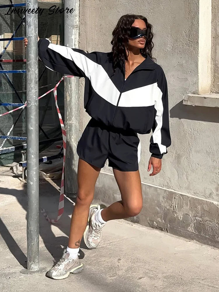 Color Block Zip Jacket and Shorts Tracksuit for Women