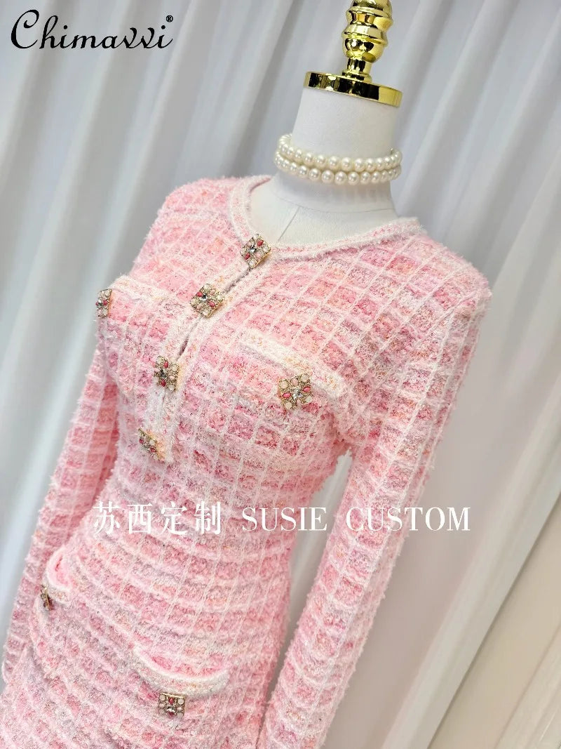 High-end French Heavy Color Diamond Button Plaid Knitted Round Neck Long Sleeve Dress Fashion Round Neck Elegant Sweater Dress