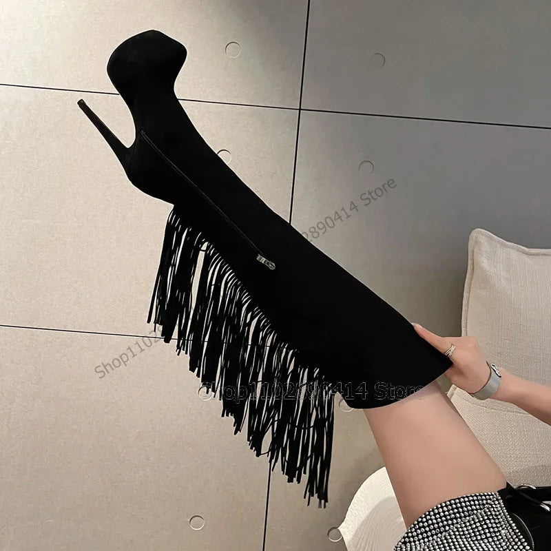 Black Tassel Platform Boots With Side Zipper For Women