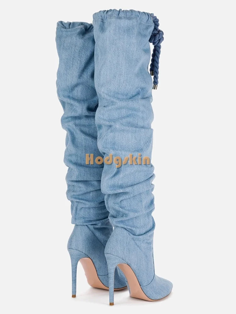 Cross Tied Denim Knee High Stiletto Boots for Women
