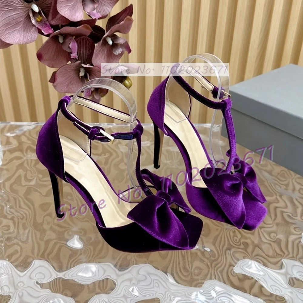 Bow-embellished Velvet Sandals Women's Luxury T Strap Square Toe High Heels Sandals Newest Luxury Party Trendy Cover Heel Shoes