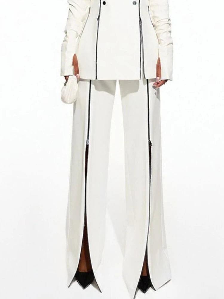 Beautyblue Striped Sports Pants Women Zipper Trousers Summer New White Patchwork High Waist Wide-leg Bottom Office Commute Pant