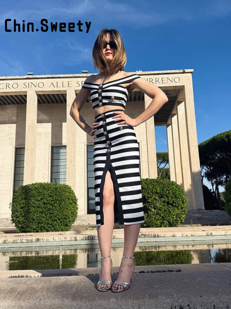 Striped Off Shoulder Sleeveless Two Piece Set For Women