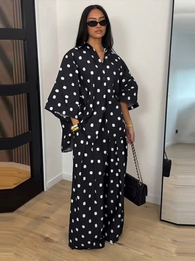 Elegant Polka Dot Shirt And Wide Leg Pants Set for Women