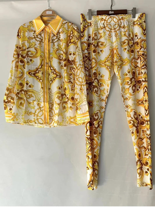 Retro Print Lapel Shirt Two Piece Suit