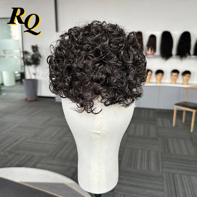 Pre Styled Thin Skin Curly Human Hair Toupee For Men