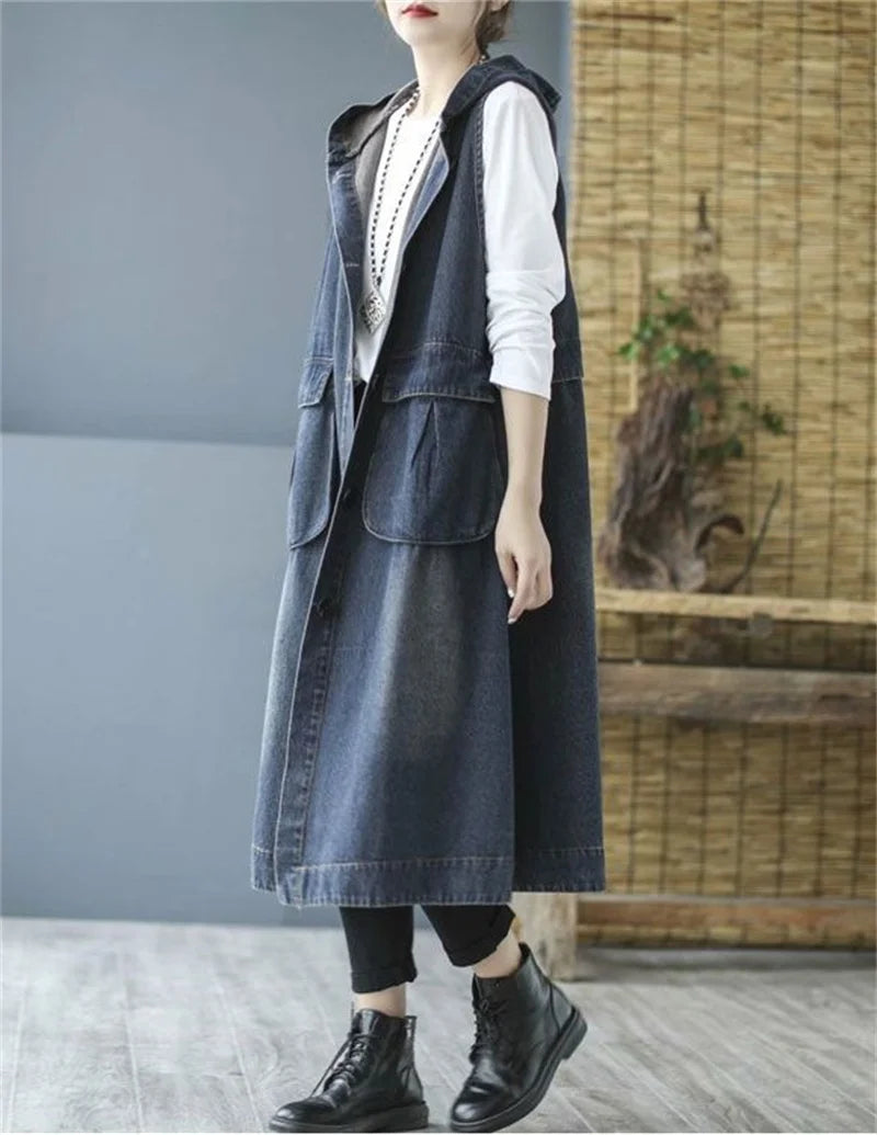 Loose Fit Hooded Denim Vest With Big Pockets For Women