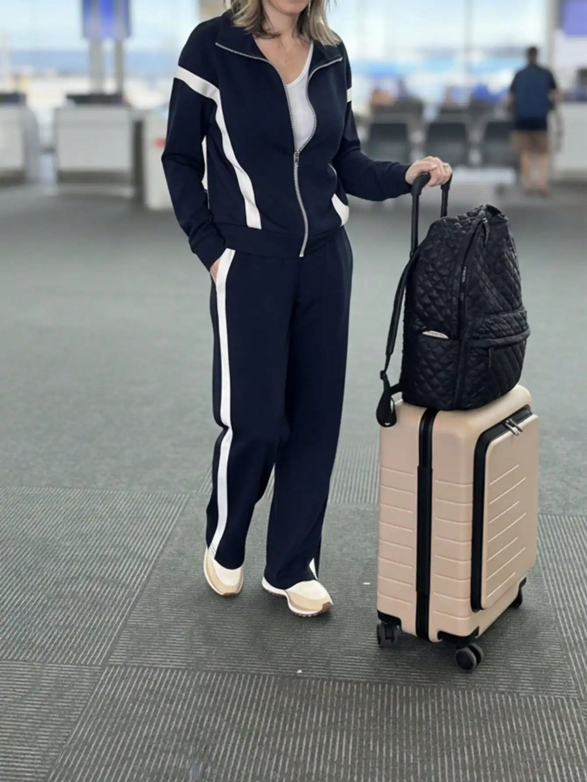 Contrast Long Sleeve Jacket And Striped Trousers Set for Women