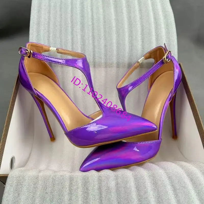 Gradient Purple T Strap Pointed Toe High Heel Pumps for Women