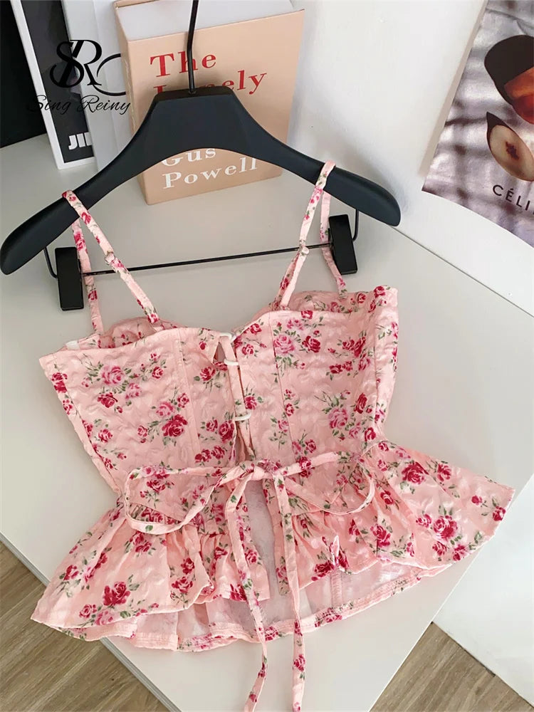 French Corset Print Ruffle Strap Tank Top for Women