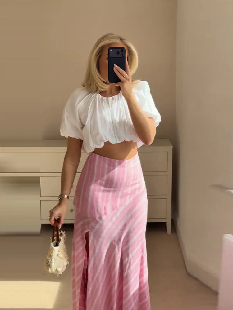 Elegant Striped Long Sleeve Shirt and Skirt Set for Women
