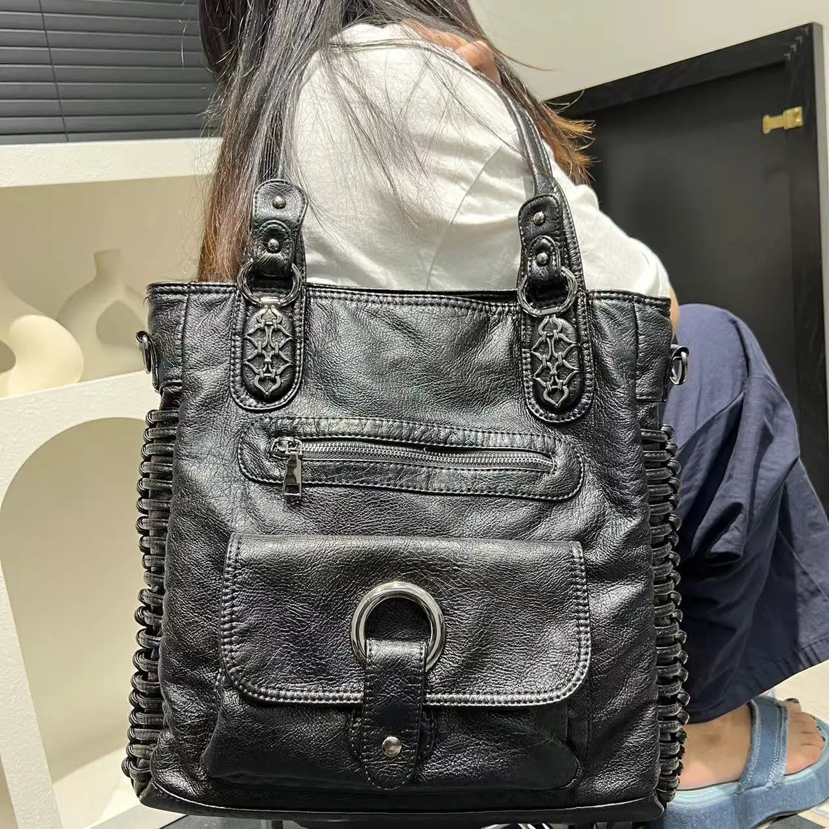 Distressed Vegan Leather Shoulder Tote Bag for Women