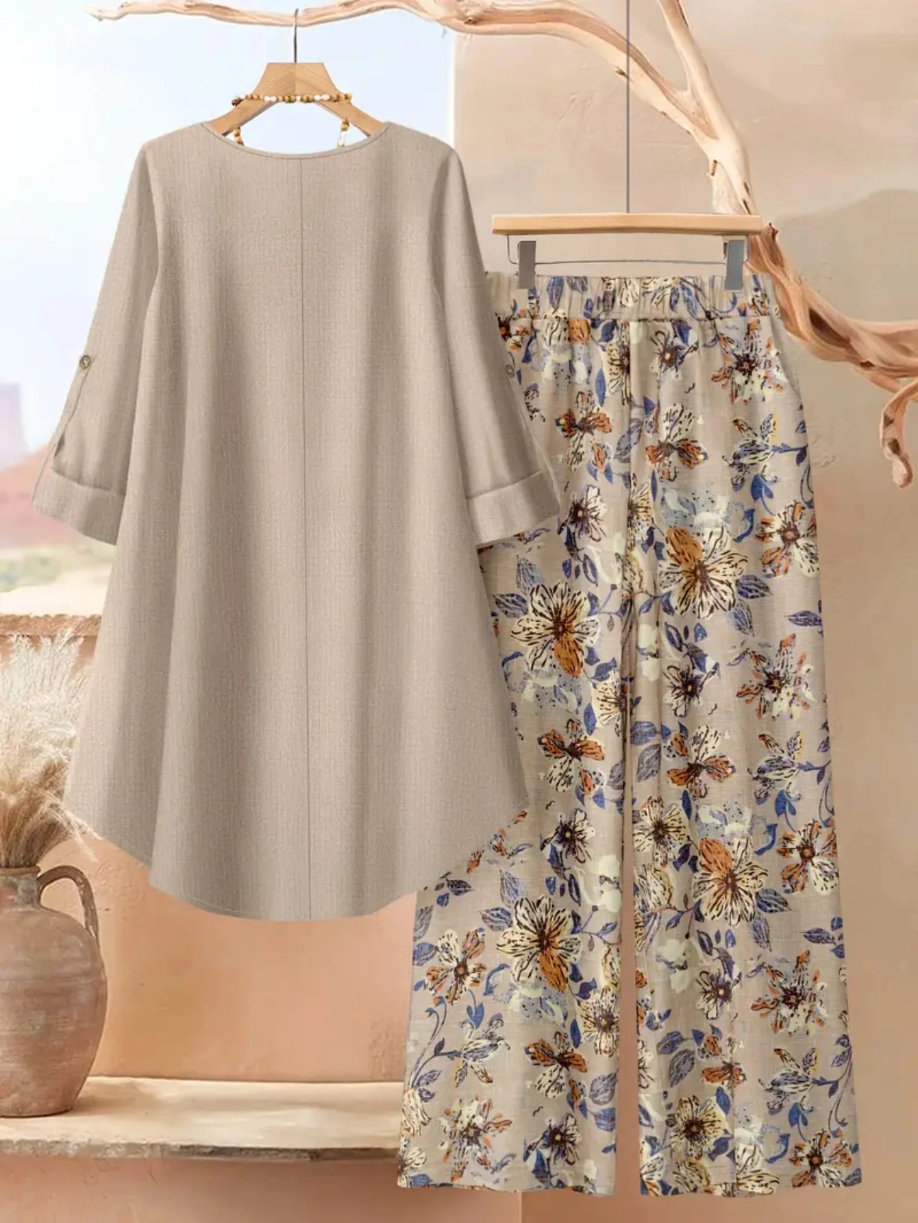 Women Round Neck Long Sleeve Plain Top And Floral Printed Wide Leg Pants For Casual Resort Vacation And Daily Occasion