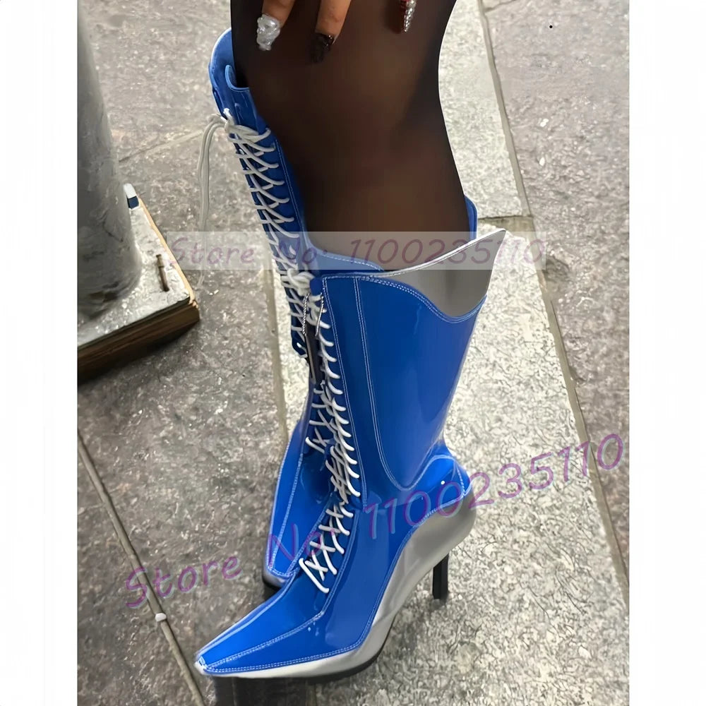 Blue Patent Leather Pointy Toe Knee High Boots for Women