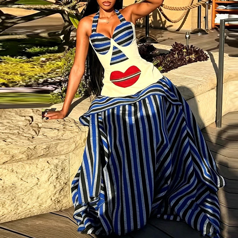 Striped Vacation Halter Backless Top and Half Skirt Set for Women