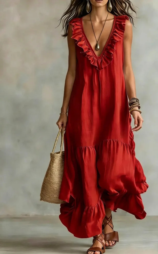 Spaghetti Strap V Neck Ruffle Trim Tiered Loose Flowy Maxi Dress for Women