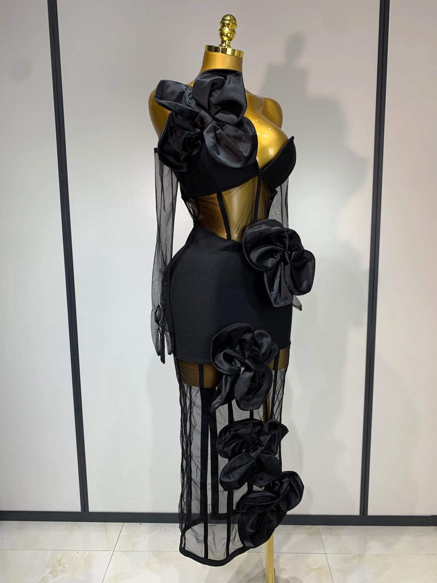 Women Sexy One Shoulder Bow Mesh See Through Bandage Bodycon Dress With Gloves Black Sleeveless Elegant Party Birthday Dresses