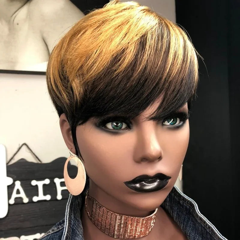 Ombre Honey Blonde Pixie Cut Human Hair Wig for Women