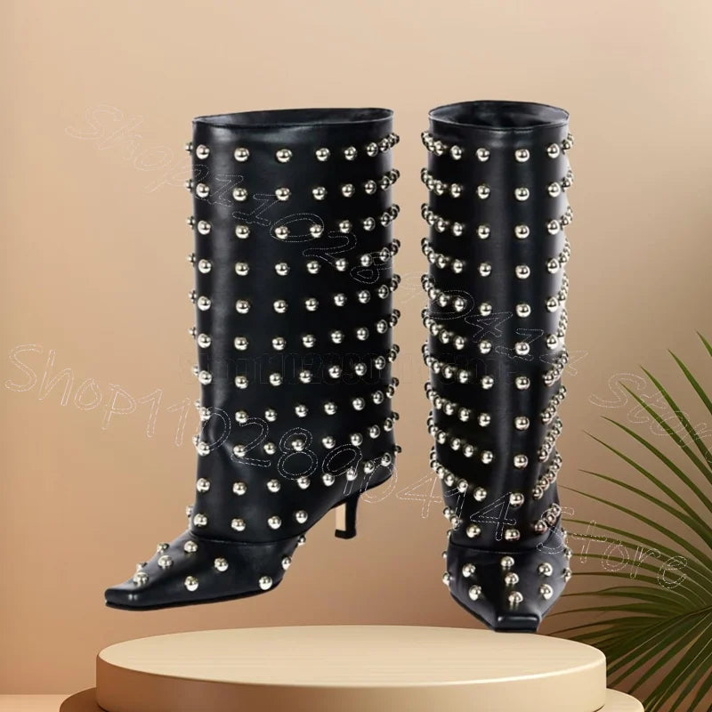 Black Round Silver Rivet Slip On High Heel Boots For Women